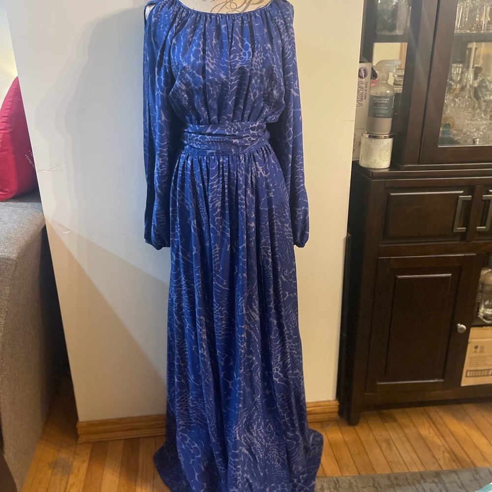 Rachel Zoe Royal Blue Printed Long Sleeve Maxi with Waist Detail